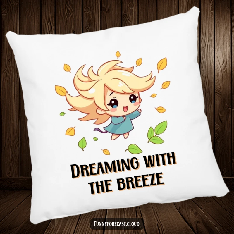 Funny kawaii wind character pillow, playfully swirling autumn leaves, soft and comforting humorous decor item.