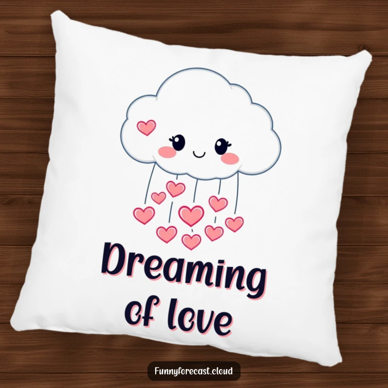 Funny pillow with a happy raincloud character pouring hearts, offering cozy love and comfort.