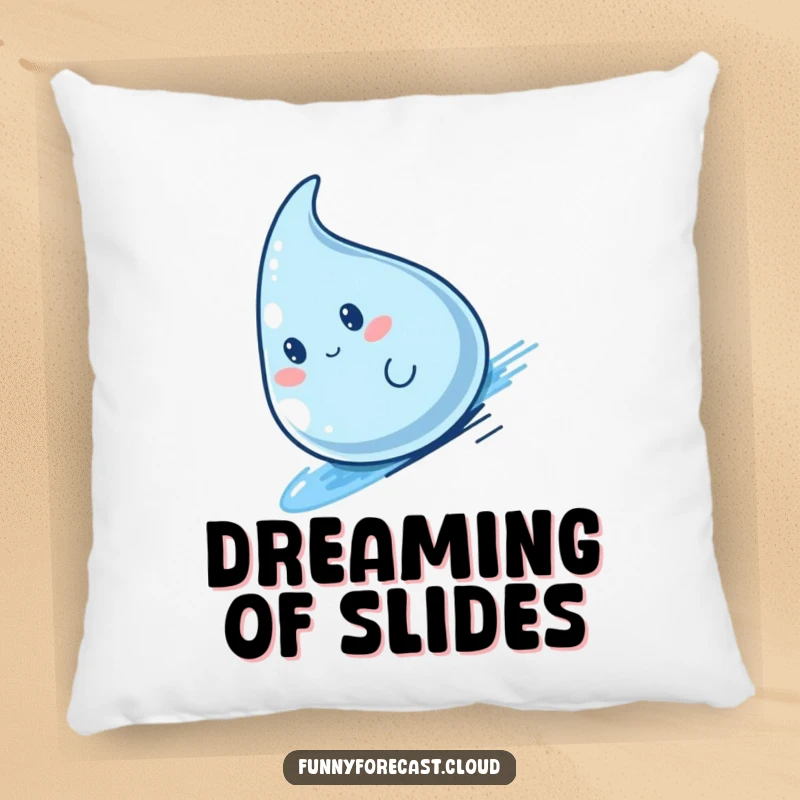 Funny kawaii raindrop character in a speedy slide, a soft and humorous pillow design.