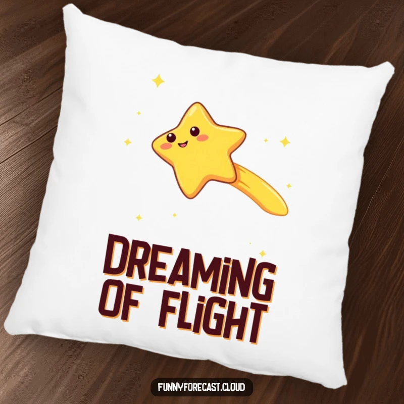 Funny kawaii shooting star character pillow, zooming with a trailing giggle, soft, comforting, and humorous decor.