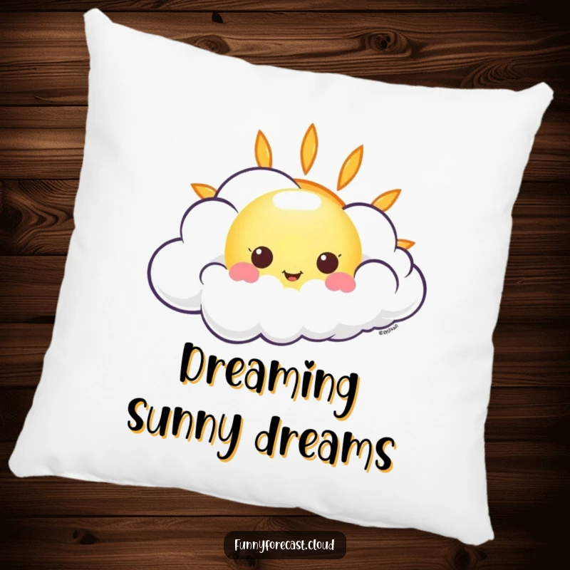 Funny kawaii sun peeking from behind a giggling wind cloud, a humorous and cheerful accent pillow.