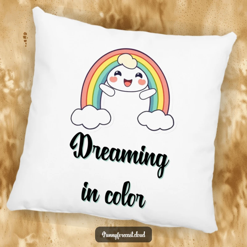 Funny pillow featuring a smiling rainbow character, arching across the sky, designed to bring cheerful comfort and colorful humor.