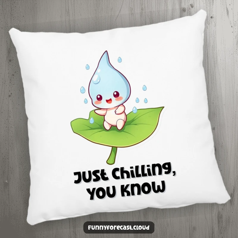 Funny raindrop character happily bouncing on a leaf, depicted on a soft, decorative pillow, adding whimsical charm.