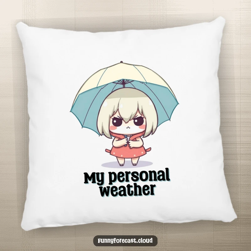 Funny Smug Umbrella Pillow featuring a character looking dry and smug under an umbrella, offering comfort and a humorous message.