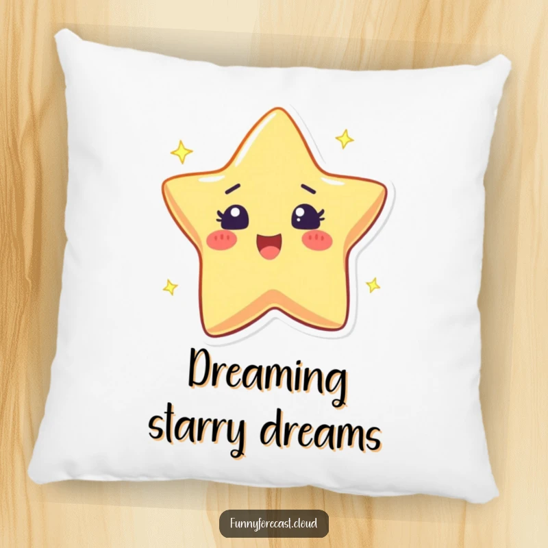 Funny decorative pillow with a twinkling star character and excited sparkle, perfect for adding cozy cheer.