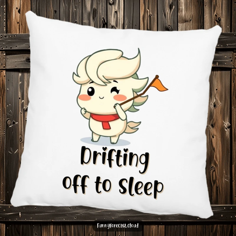 Funny pillow featuring a wind character with puffed cheeks merrily blowing a tiny flag, perfect for comfort and funny gift decor.