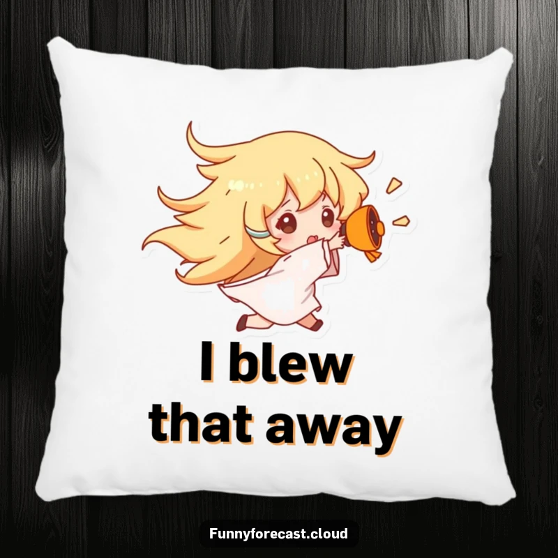 Funny Wind Gust Pillow featuring a character being blown away by wind, offering a humorous and comfortable addition to any room.