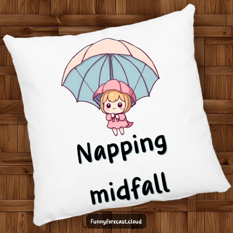 Funny Kawaii Parachute Pillow depicting a cute character using an umbrella as a parachute, offering comfort and humor.