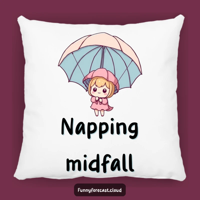 Get cozy with this funny kawaii pillow featuring a character bravely parachuting with an umbrella. Soft, huggable, and hilariously designed.