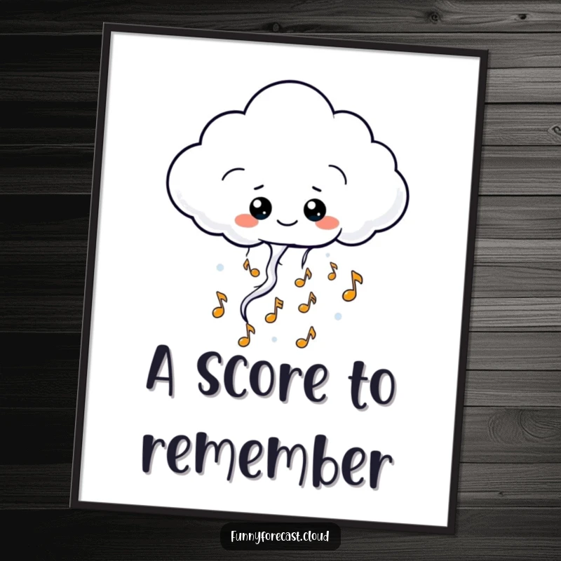 Funny kawaii thundercloud character digital art print, releasing happy musical notes, whimsical and melodic illustration, instant download.