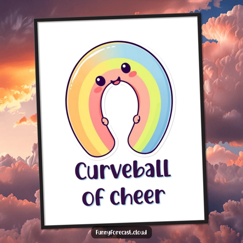Funny cheerful kawaii rainbow character bending into a silly shape. A humorous digital art print for instant joy.