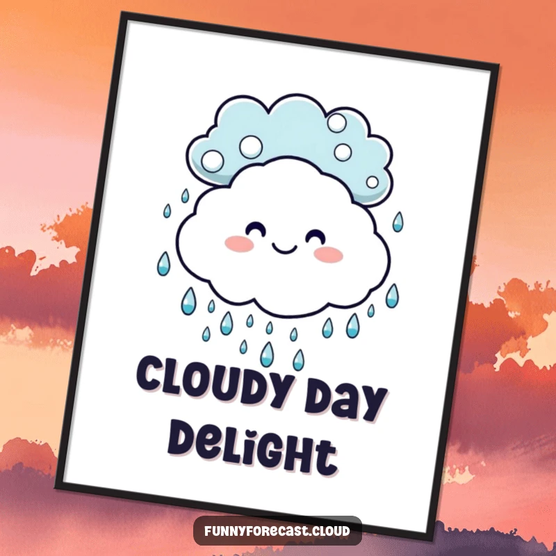 Funny digital art print: A smiling cloud and happy dancing raindrops, bringing cheerful weather vibes to digital spaces.