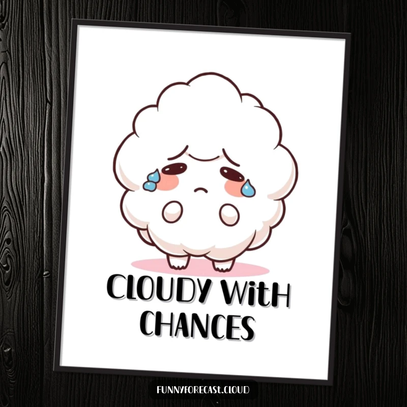 Funny digital art of a cute cloud character sweating heavily and looking confused, perfect for relatable and humorous wall decor.