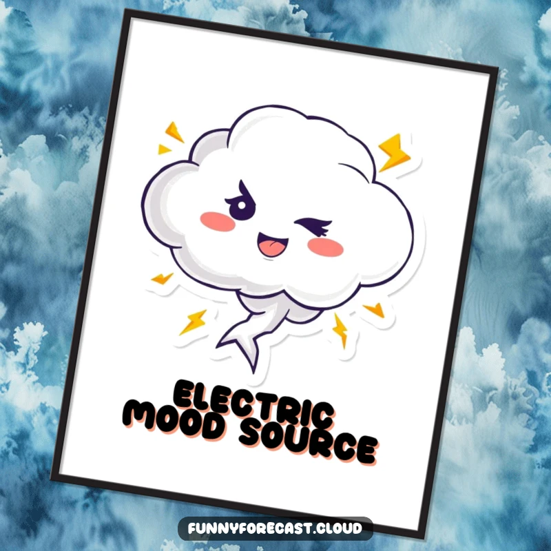 Funny digital art print of a cute, mischievous thundercloud character winking, surrounded by zipping, playful lightning bolts, ready to frame.