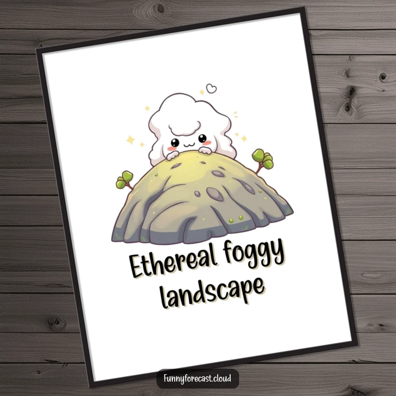 Funny digital art print: A mischievous fog creature peeking from behind a hill, bringing playful mystery to digital spaces.