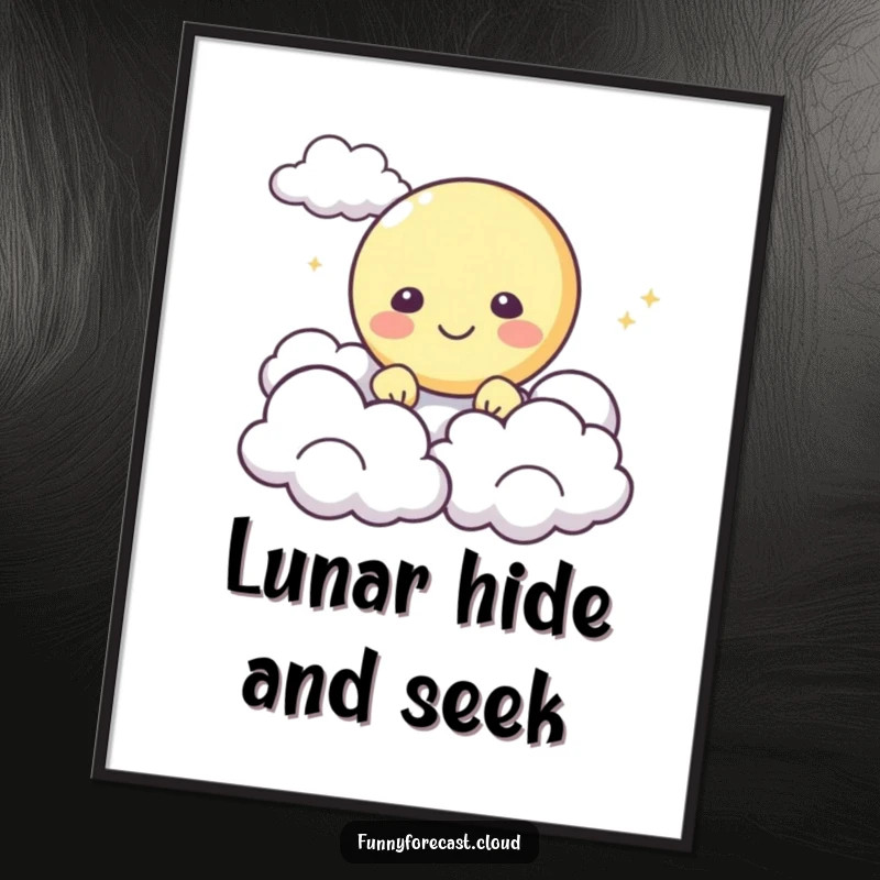 Funny Digital Art: A happy moon character peeking from behind fluffy clouds, creating a cheerful celestial scene.