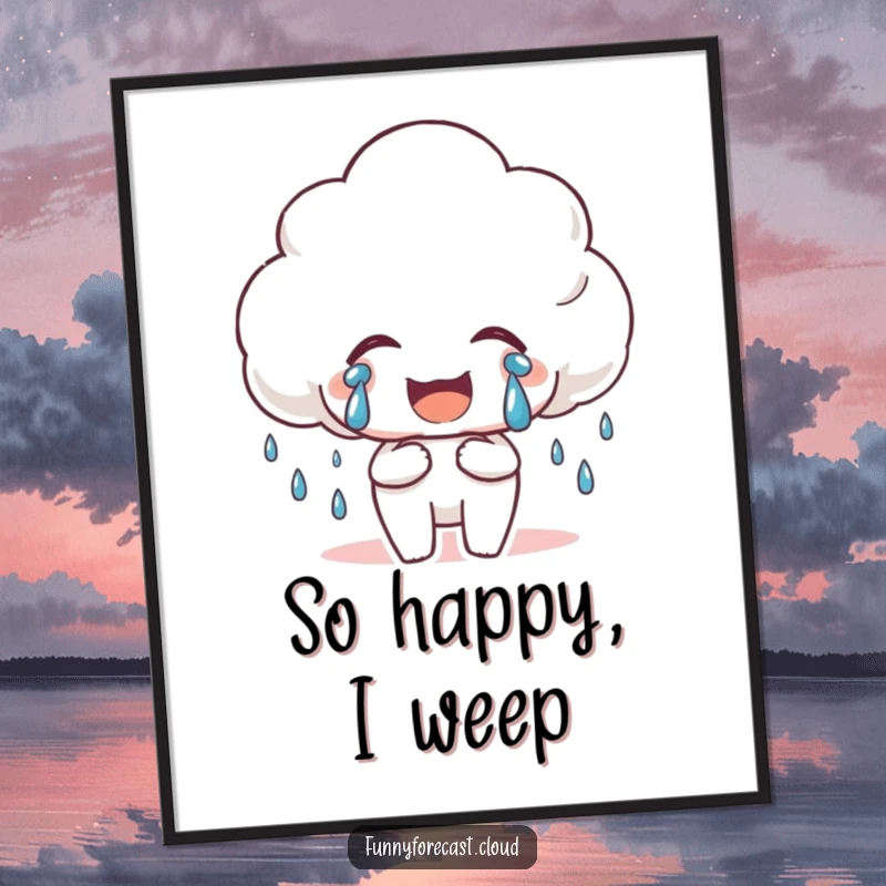 Funny Happy Rain Cloud Digital Art Print of a cloud shedding tears of joy, a vibrant and humorous piece.