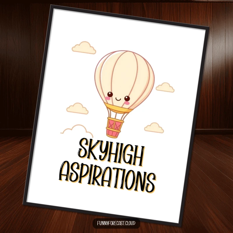 Funny Kawaii Hot Air Balloon Digital Art Print of a cute character floating in a vibrant sky, perfect for digital decoration.