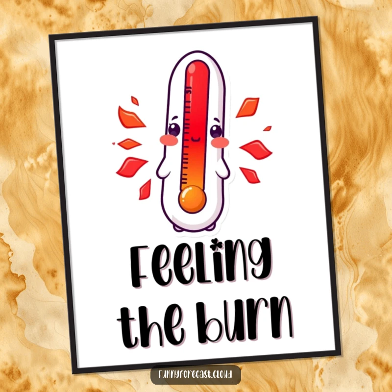 Funny kawaii thermometer digital art print, character blushing bright red with heat, cute and embarrassing illustration, instant download.