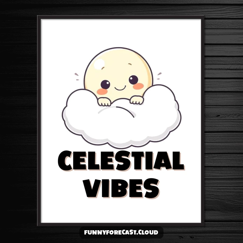 Funny digital art of a smiling moon peeking from a fluffy cloud, radiating calm and gentle happiness.