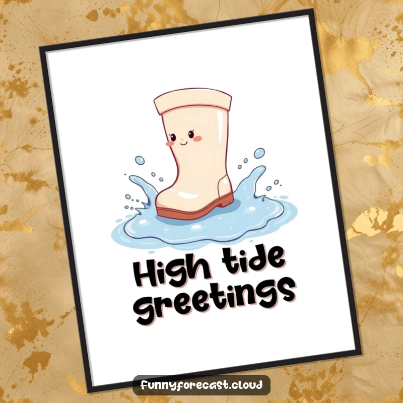 Funny Digital Art: A happy rain boot creating a joyful splash in a colossal puddle, full of cheerful spirit.