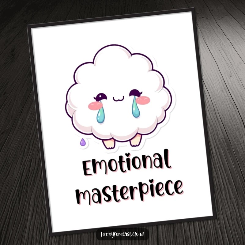 Funny digital art print of a smiling fluffy cloud character crying bright rainbow tears, for home decor.