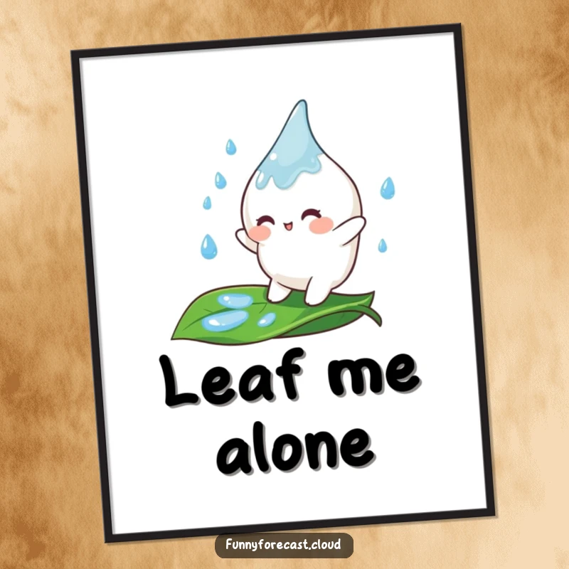Funny Digital Art Print of a cute raindrop character happily bouncing on a leaf, conveying pure joy and liveliness.