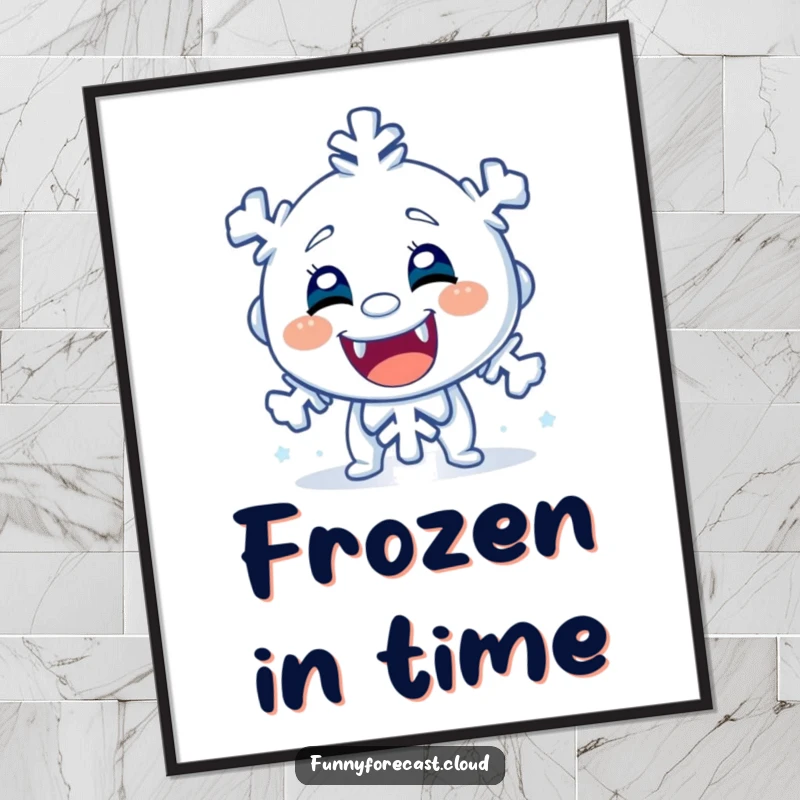 Funny digital art print of a shivering snowflake character, chattering teeth, offering a humorous and dramatic winter illustration for instant decor.