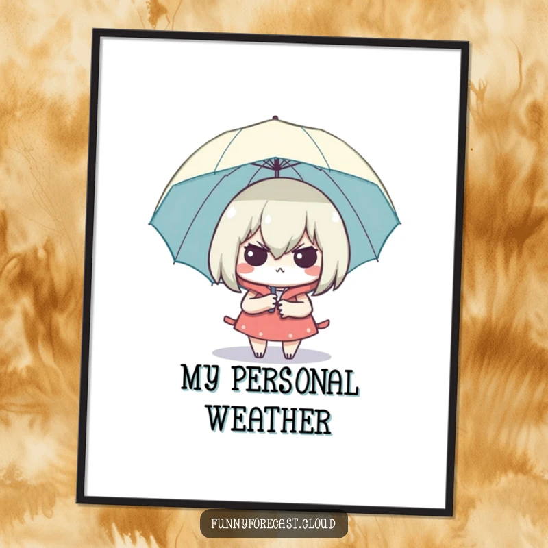 Funny Smug Umbrella Digital Art Print of a character looking dry and smug under an umbrella, conveying cleverness and humor.