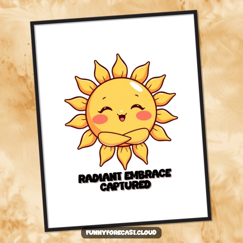 Funny digital art print of a sun character giving a big warm hug, for cheerful decor.