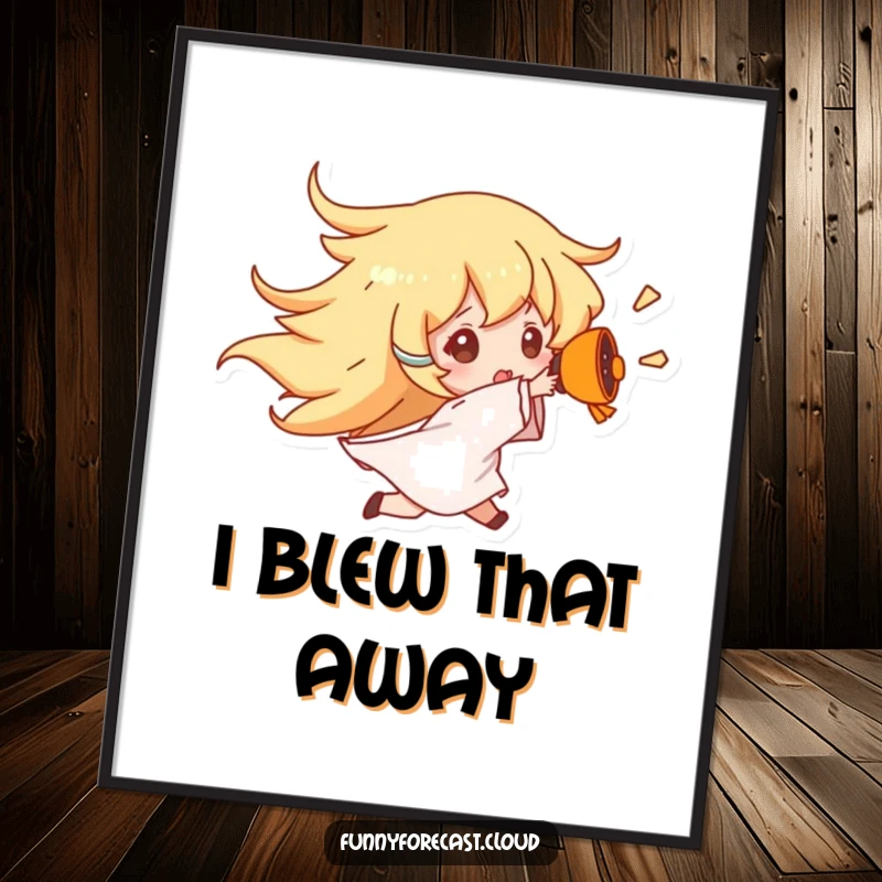 Funny Wind Gust Digital Art Print showing a character being comically blown away by a wind character, perfect for dynamic decor.