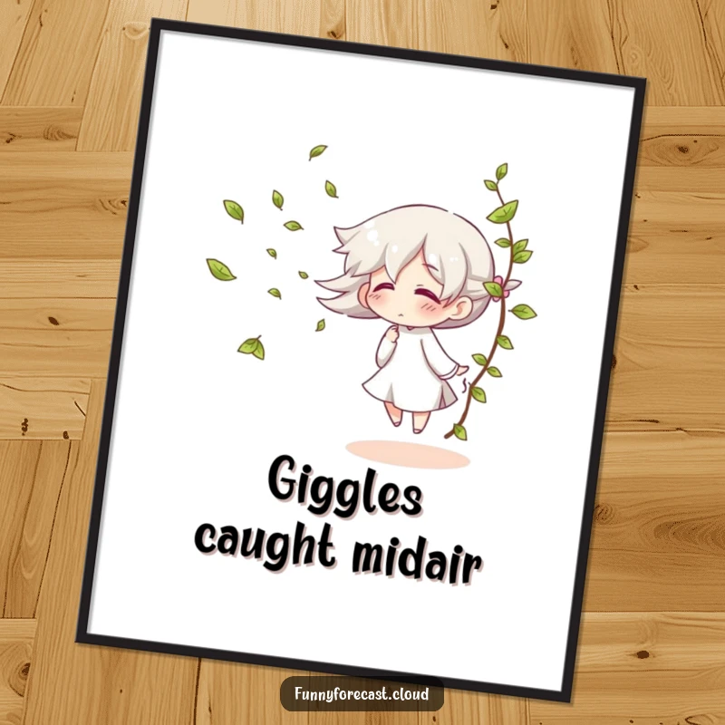 Funny digital art print of a giggling wind character blowing leaves, for whimsical decor.