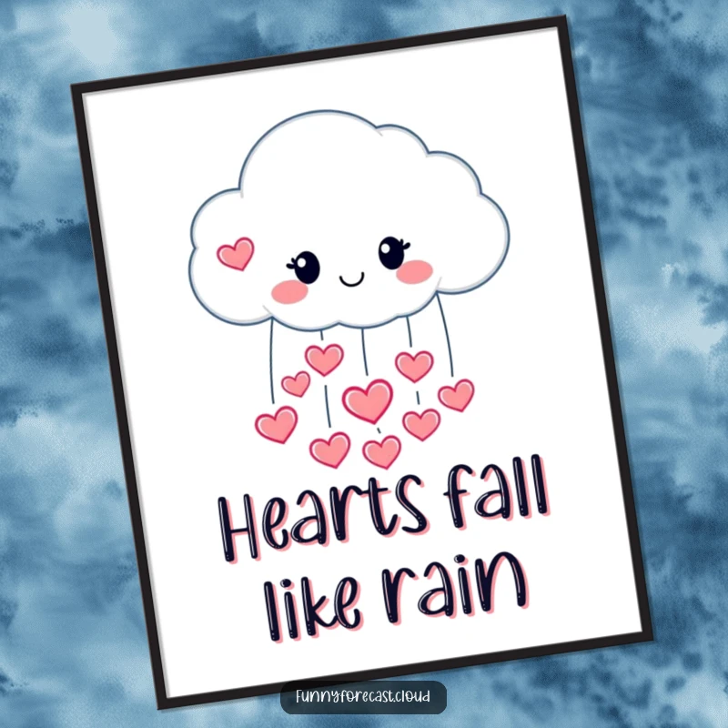 Funny digital art print of a happy raincloud character pouring hearts, for loving decor.