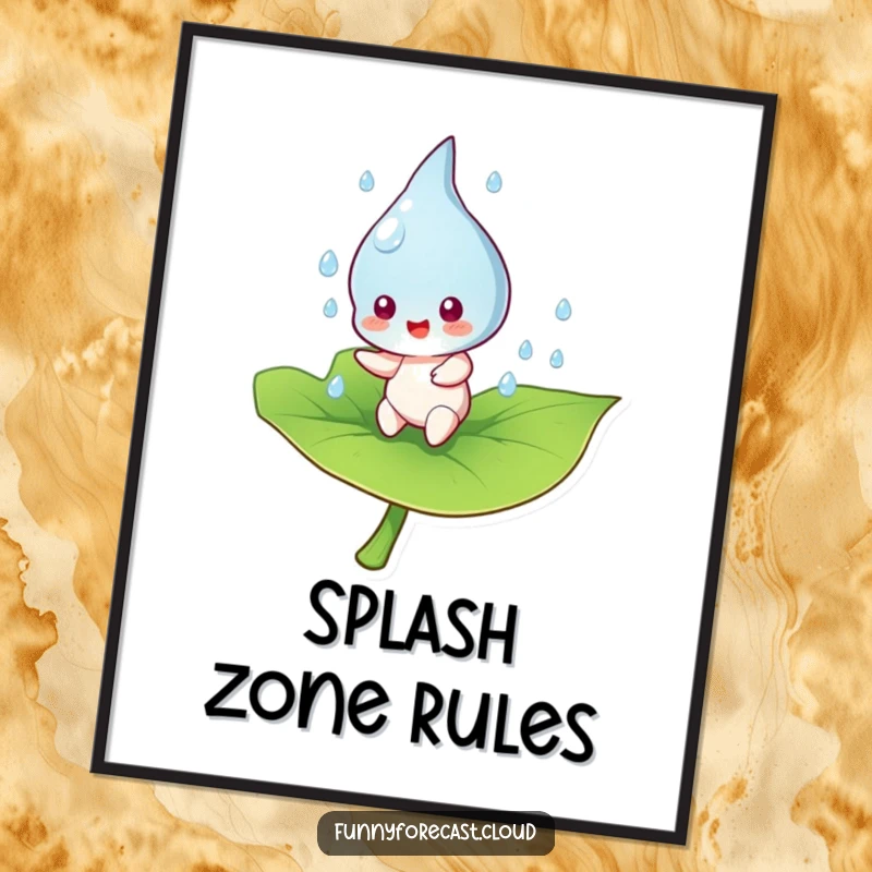 Funny raindrop character captured in a lively bounce on a leaf, available as a downloadable digital art print.