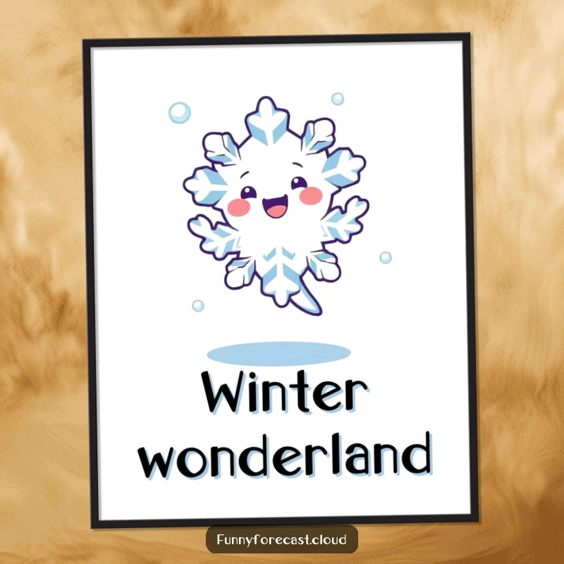 Funny kawaii snowflake character doing a happy dance, spinning in the air, a digital art print for winter decor.