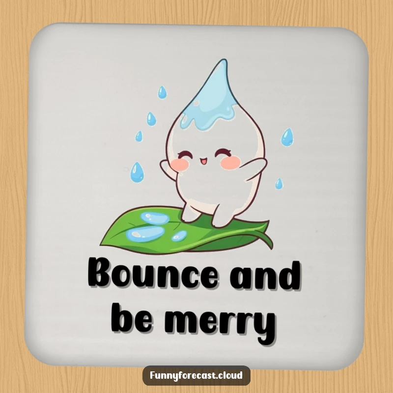 Funny Coaster showcasing a cheerful raindrop character happily bouncing on a leaf, adding a playful touch to drink service.