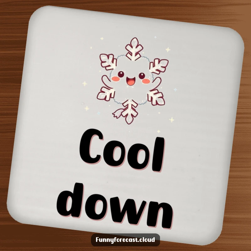 Funny kawaii snowflake character twirling, a cute and humorous drink coaster.