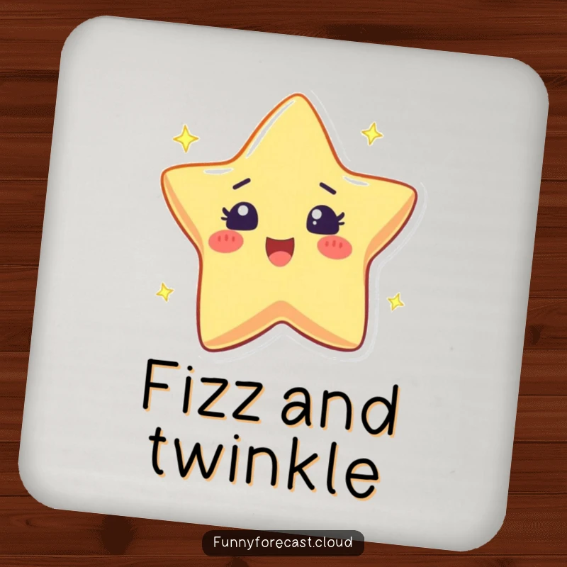 Funny drink coaster featuring a twinkling star character with an excited sparkle, adding a touch of fun.