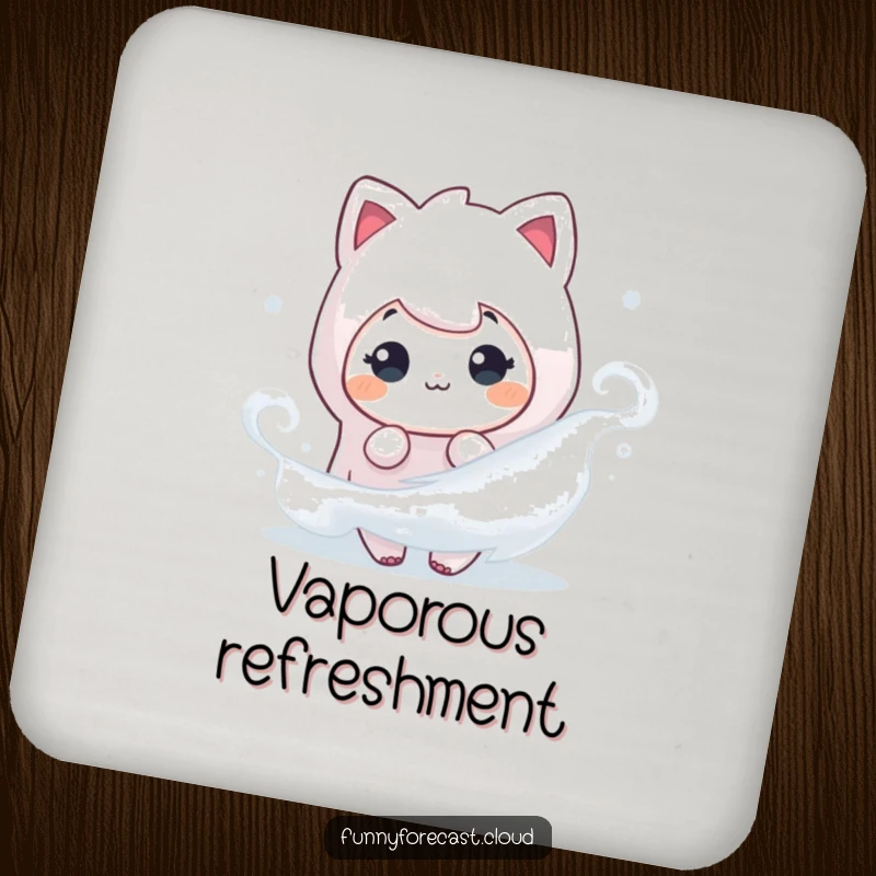 Funny drink coaster featuring a fog character playfully peeking from mist, adding a touch of fun.