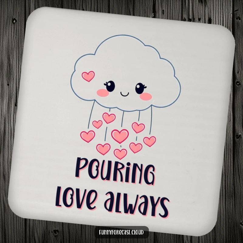 Funny drink coaster with a happy raincloud character pouring hearts, for loving decor.