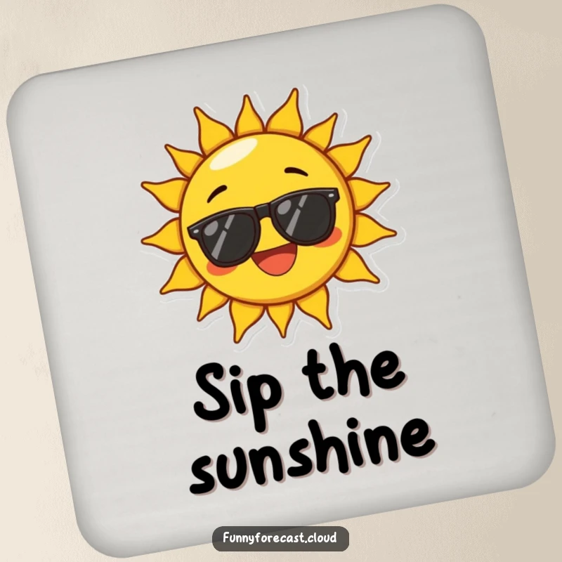 Funny drink coaster featuring a sun character wearing sunglasses and beaming with exaggerated joy, perfect for protecting surfaces with cheer.
