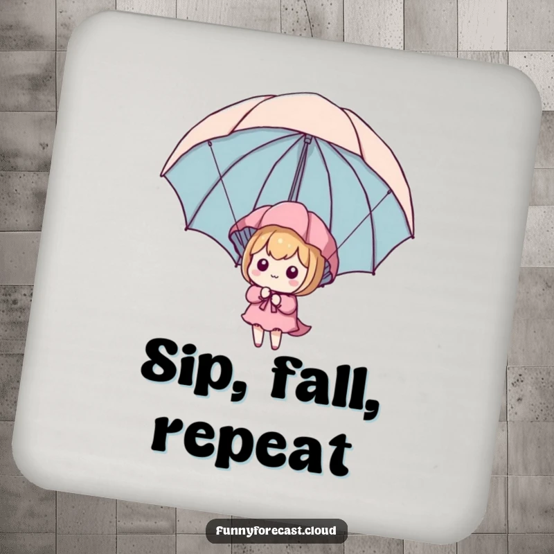 Funny Kawaii Parachute Coaster showing a cute character using an umbrella as a parachute, protecting surfaces with humor.