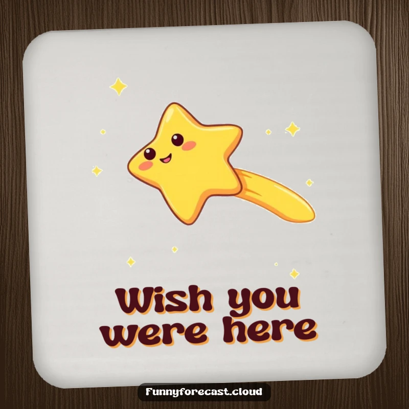 Funny kawaii shooting star character coasters, zooming with a trailing giggle, humorous and whimsical table protection.