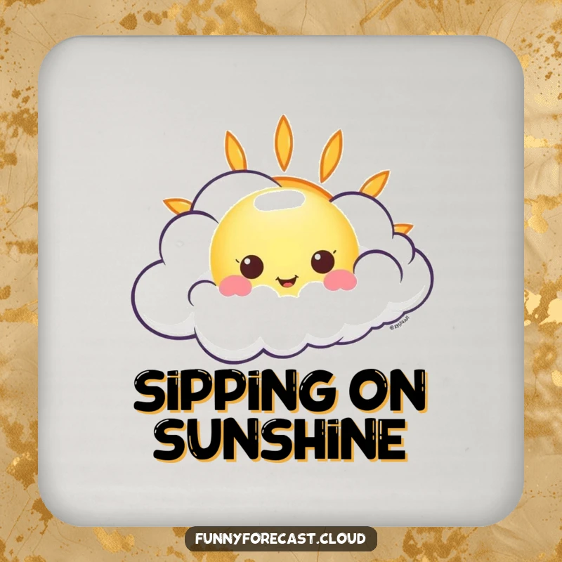 Funny kawaii sun peeking from behind a giggling wind cloud, a humorous coaster design.