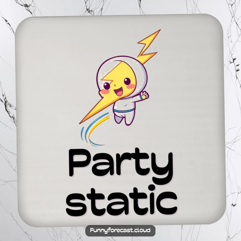 Funny drink coaster featuring a playful lightning bolt character zipping, adding a dynamic and protective touch.