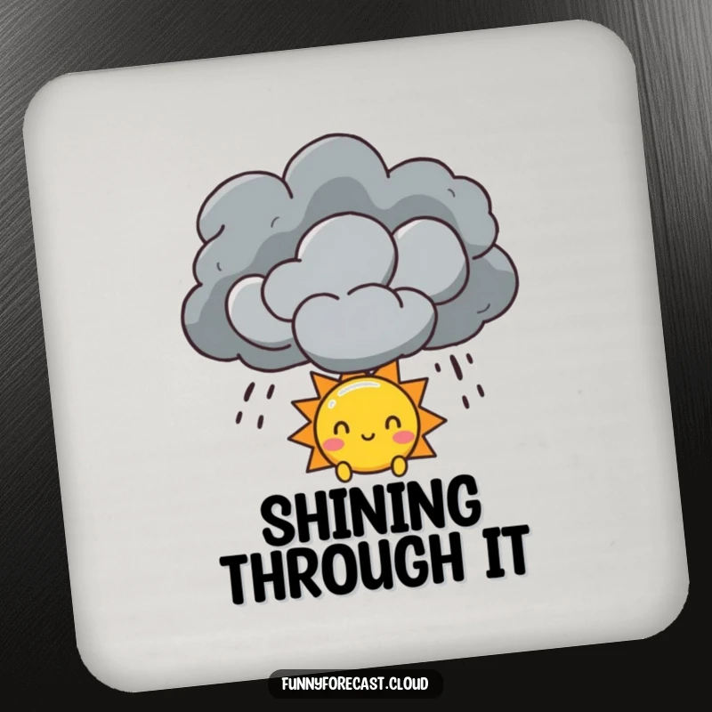 Funny Sun and Storm Cloud Coaster depicting a sun peeking from a storm cloud, a hopeful protector for tabletops.