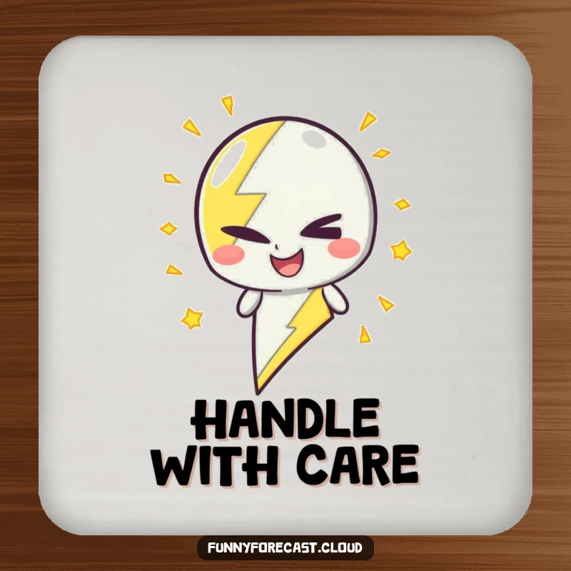 Funny Coaster: A lightning bolt character winking with crackling energy, protecting surfaces with humor.