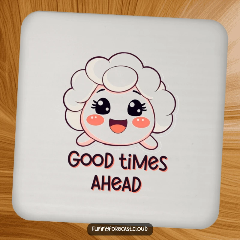 Funny drink coaster with a cloud character showing a very big, surprised, happy smile. Cheerful home decor.