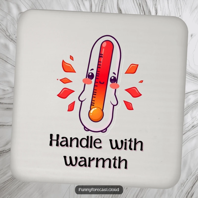 Funny kawaii thermometer coasters, character blushing bright red with heat, cute and embarrassing design for table protection.