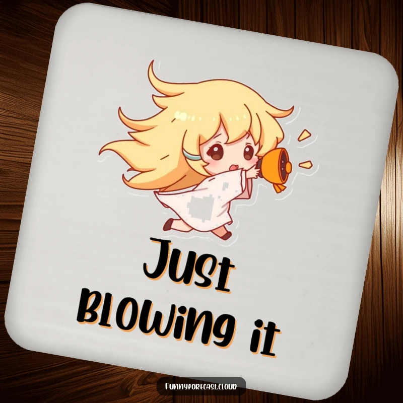 Funny Wind Gust Coaster depicting a character being blown away by wind, a humorous protector for tabletops.